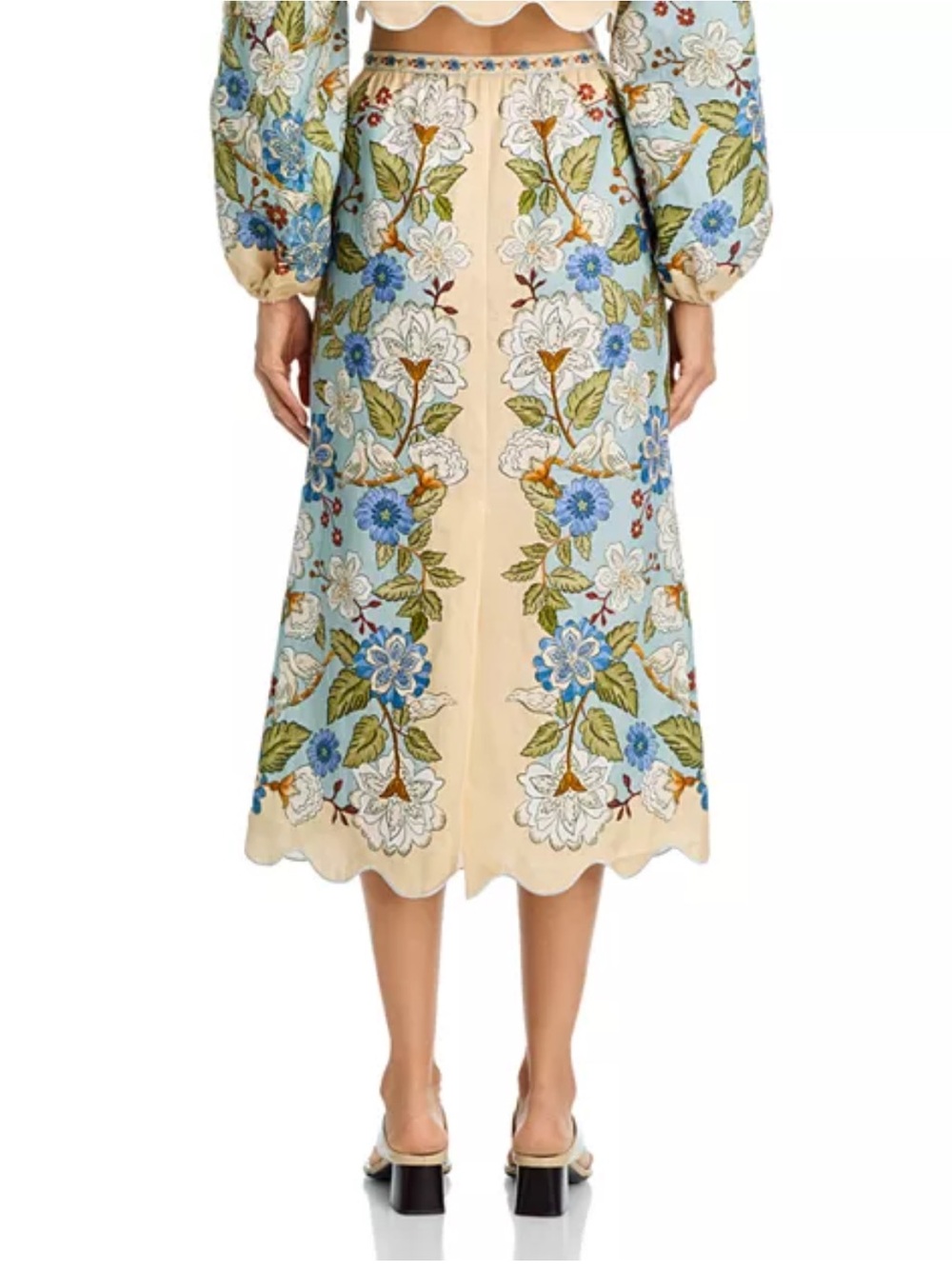 FARM Rio Floral Embroidered Scallop Hem Midi Skirt in Light Blue and Cream SMALL - Picture 2 of 5